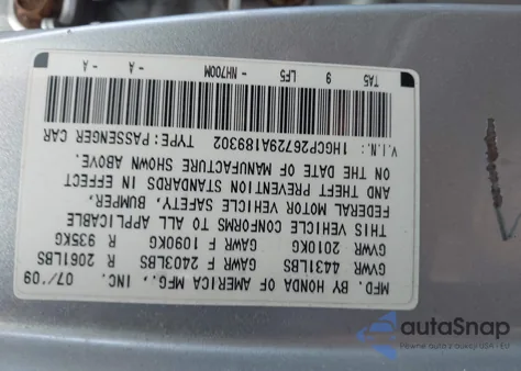 2009 Honda Accord 2.4 Ex z USA, uszkodzony, nr VIN 1HGCP26729A189302